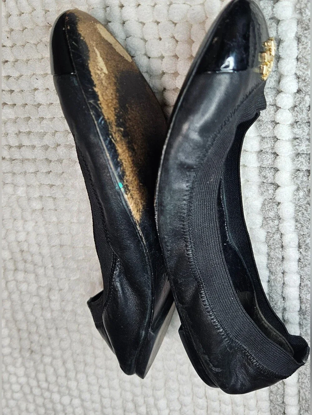 Tory Burch Ballet Flats Size-8 Black Gold Leather Jolie Stretch Shoes.